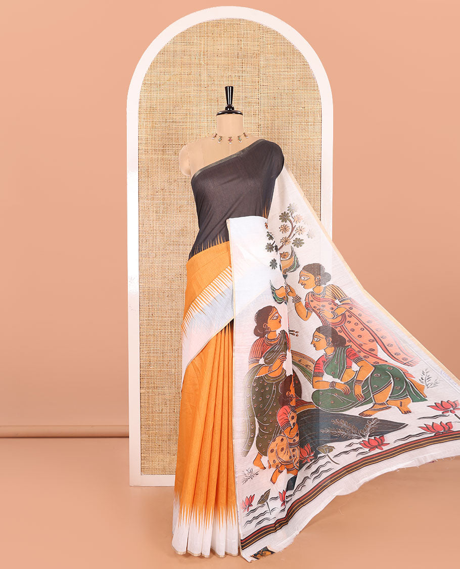 Yellow Plain Chanderi Cotton Saree Featuring a Contrast Black and White Ganga-Jamuna Temple Big Border, a Pallu Beautified with a Realistic Painted-Style Human Figurine Print, and Paired with a Contrast Kalamkari Peacock Printed Blouse