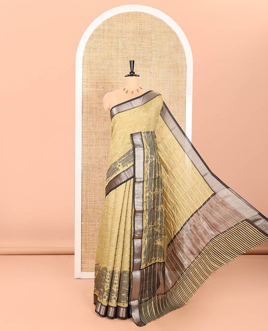 Green Assam Cotton Saree Accentulated with Horizontal Zari Stripes and Kalamkari Peacock Print, Complemented by a Contrast Traditional Zari Design Border, Gleaming Zari Woven Pallu, and a Contrast Zari Design Blouse