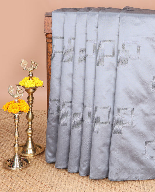 Grey neem zari design litchi soft silk saree with self border & neem zari design pallu along with plain blouse