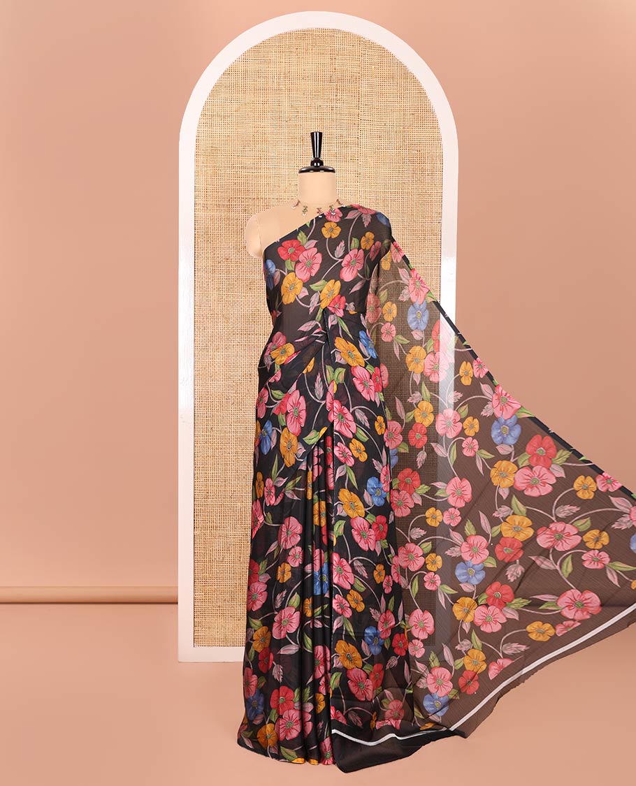 Borderless Black Chiffon Saree Featuring Kaleidoscopic-Colored Floral Vine Prints Running All Over the Saree, Paired with a Matching Blouse