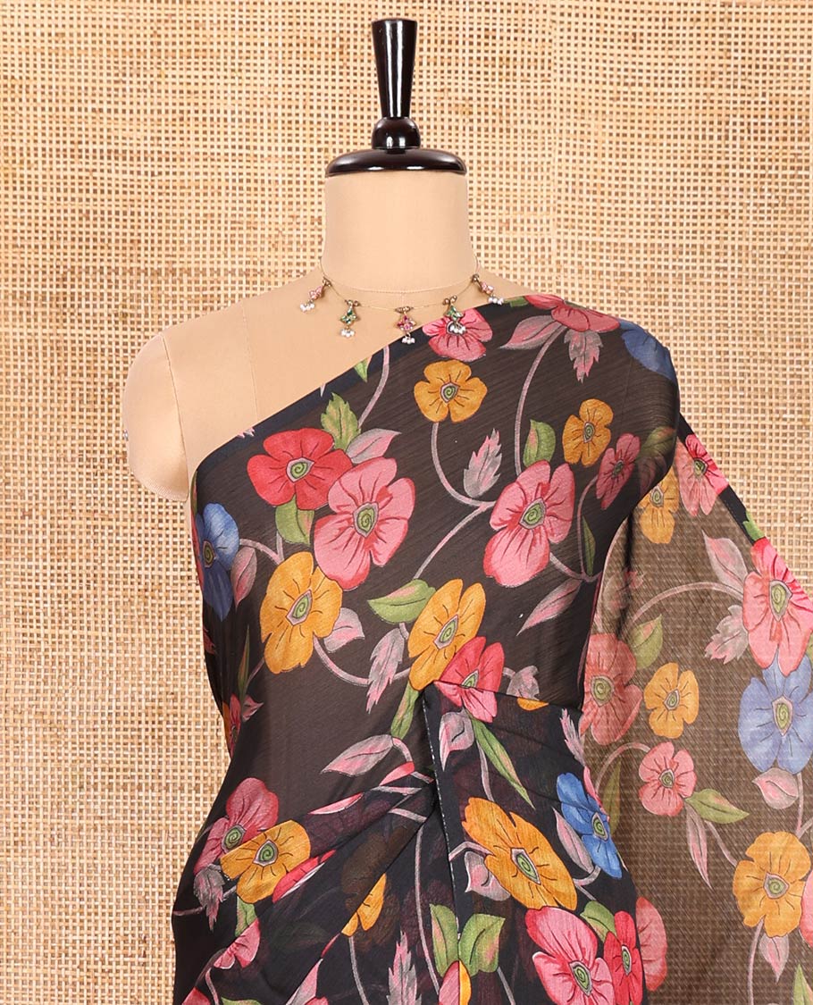 Borderless Black Chiffon Saree Featuring Kaleidoscopic-Colored Floral Vine Prints Running All Over the Saree, Paired with a Matching Blouse