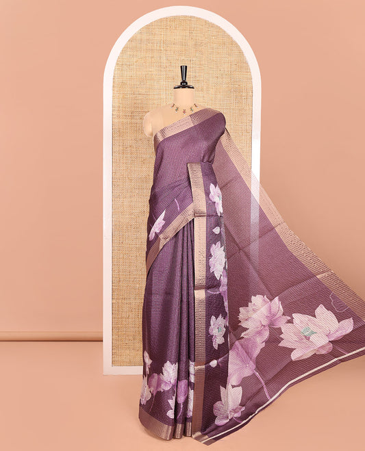 Wine Semi Tussar Featuring Micro-Checks and Elegant Lotus Prints All Over Its Body, a Subtle Border, Pallu Mirrors Lotus Motifs, and Comes with a Matching Blouse