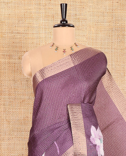 Wine Semi Tussar Featuring Micro-Checks and Elegant Lotus Prints All Over Its Body, a Subtle Border, Pallu Mirrors Lotus Motifs, and Comes with a Matching Blouse