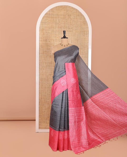 Grey and Pink Semi-Tussar Saree, Detailed with Geometric Patterns Printed All Over Its Body, Complemented by a Captivating Contrast One-Sided Border of Unique Print, and Paired with a Contrast Blouse