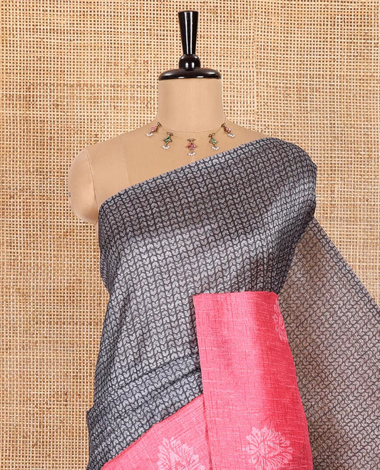 Grey and Pink Semi-Tussar Saree, Detailed with Geometric Patterns Printed All Over Its Body, Complemented by a Captivating Contrast One-Sided Border of Unique Print, and Paired with a Contrast Blouse