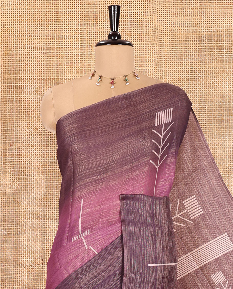 Pink Tissue Saree, Detailed with Horizontal Stripes and Unique Motifs Printed All Over Its Body, Complemented by Contrast Printed Border, Pallu Depicts Geometric Patterns, and Paired with a Contrast Geometric Printed Blouse
