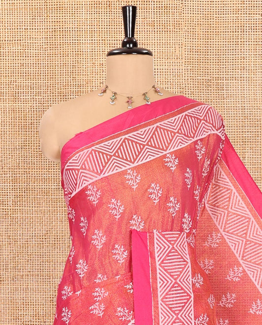 Pink Khadi Tissue Saree, Adorned with Leaf Buttas All Over Its Body, Highlighted by Geometric Patterned Border, Pallu Depicts Geometric Prints, and Paired with a Matching Blouse