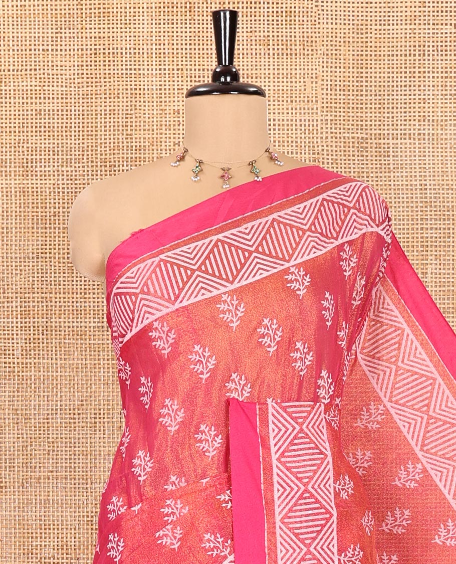 Pink Khadi Tissue Saree, Adorned with Leaf Buttas All Over Its Body, Highlighted by Geometric Patterned Border, Pallu Depicts Geometric Prints, and Paired with a Matching Blouse