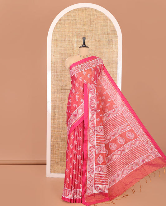 Pink Khadi Tissue Saree, Adorned with Leaf Buttas All Over Its Body, Highlighted by Geometric Patterned Border, Pallu Depicts Geometric Prints, and Paired with a Matching Blouse