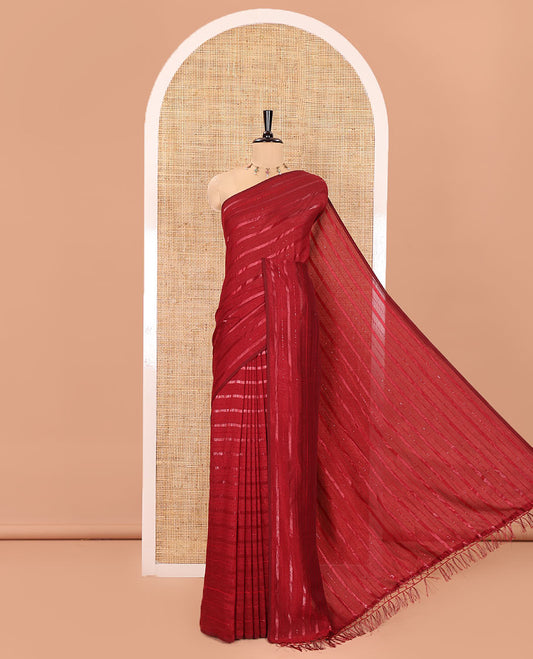 Borderless Red Vichitra Silk Saree, Bedecked with Horizontal Stripes and Sequin Stripes, Paired with a Matching Blouse