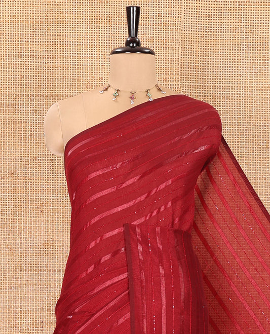 Borderless Red Vichitra Silk Saree, Bedecked with Horizontal Stripes and Sequin Stripes, Paired with a Matching Blouse
