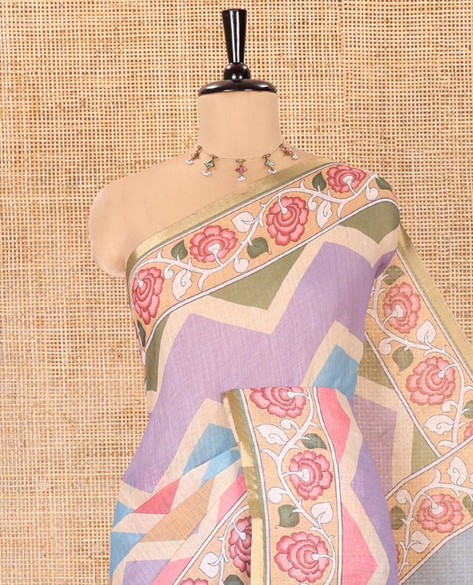 Multi-color Linen Cotton Saree, Detailed with Chevron Stripes Printed All Over Its Body, Complemented by a Contrast Floral Creeper Printed Border, Pallu Pictures Pichwai Lotus Print, and Paired with a Lotus Printed Blouse