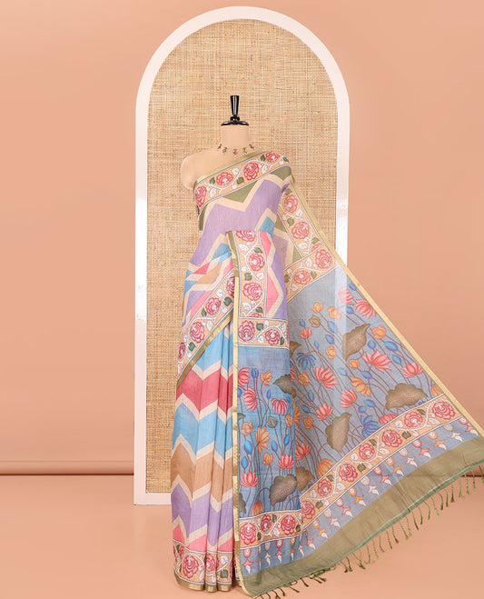 Multi-color Linen Cotton Saree, Detailed with Chevron Stripes Printed All Over Its Body, Complemented by a Contrast Floral Creeper Printed Border, Pallu Pictures Pichwai Lotus Print, and Paired with a Lotus Printed Blouse