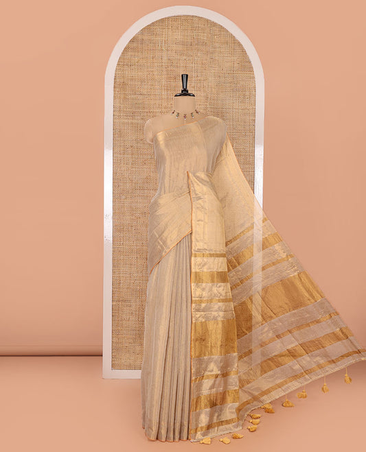 Gold Plain Tissue Mul Cotton Saree, Subtly Sparkled with Zari Border, Gleaming Zari Woven Pallu, and Paired with a Matching Blouse