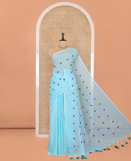 Borderless Sky Blue Khadi Mul Cotton Saree, Artfully Designed with Heart Motifs Embroidery Across Its Body, Pallu mirrors the Same Design, and Paired with a Matching Blouse