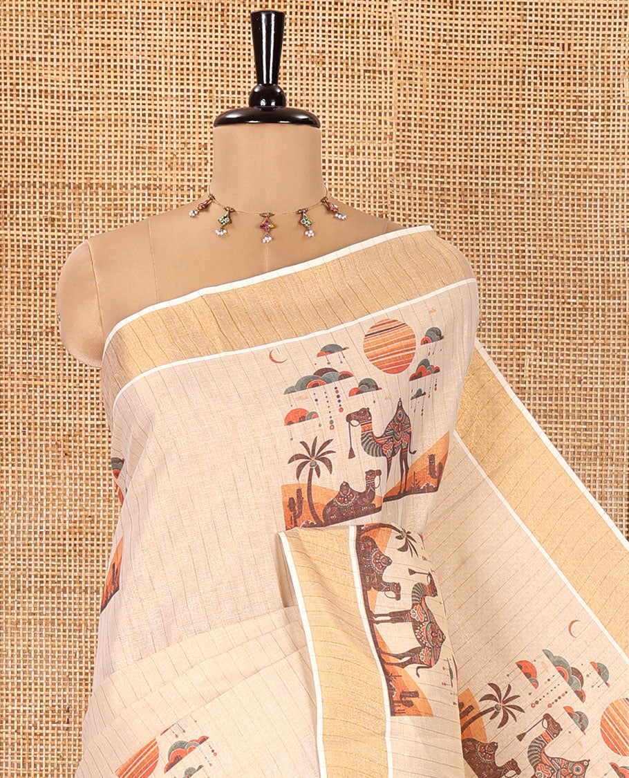 Light Gold Kerala Tissue Saree, Elevated with Desert-Themed Camel Motifs Printed on Its Body, Highlighted by a Zari Border, Desert-Theme Printed Pallu, and Paired with a Matching Blouse
