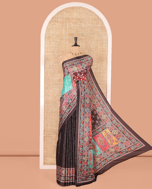 Black-Red Masakali Saree, Embellished with Kaleidoscopic-Colored Floral-Geometric Mughal-Themed Motifs Print, and Mirror Work All Over Its Body, Printed Border, Intricately Printed Mirror Work Pallu, and Paired with a Matching Blouse
