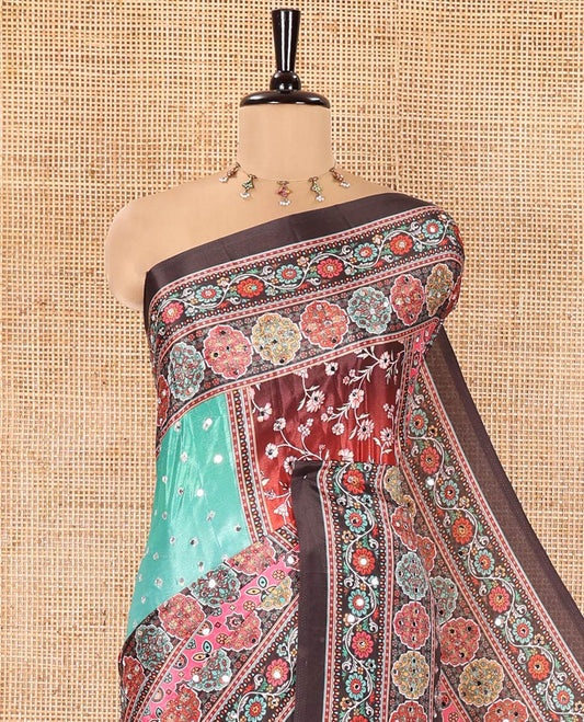 Black-Red Masakali Saree, Embellished with Kaleidoscopic-Colored Floral-Geometric Mughal-Themed Motifs Print, and Mirror Work All Over Its Body, Printed Border, Intricately Printed Mirror Work Pallu, and Paired with a Matching Blouse
