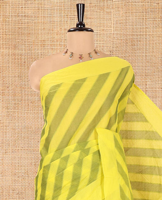 Yellow and Green Coimbatore Cotton Saree, Subtly Sparkled with Stripes on Its Body, Plain Border, Sparsely Sparkled Pallu of Floral Creeper Designs, and Paired with a Matching Blouse