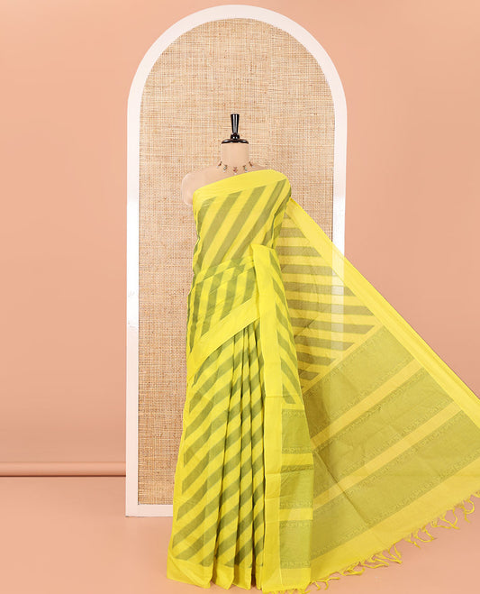 Yellow and Green Coimbatore Cotton Saree, Subtly Sparkled with Stripes on Its Body, Plain Border, Sparsely Sparkled Pallu of Floral Creeper Designs, and Paired with a Matching Blouse