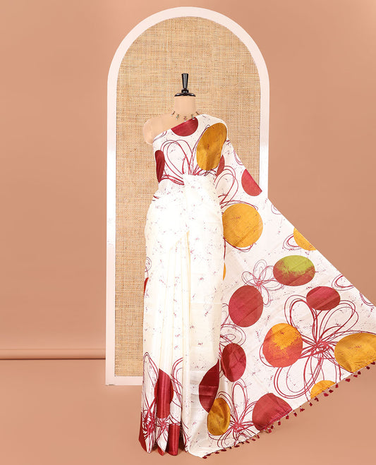 Borderless Cream and Maroon Khadi Cotton Saree, Embellished with Big Circles Motifs, Floral Motifs, and Batik Print on Its Body, Self-Printed Pallu, and Paired with a Matching Printed Blouse