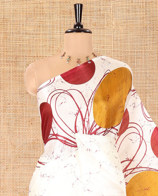 Borderless Cream and Maroon Khadi Cotton Saree, Embellished with Big Circles Motifs, Floral Motifs, and Batik Print on Its Body, Self-Printed Pallu, and Paired with a Matching Printed Blouse