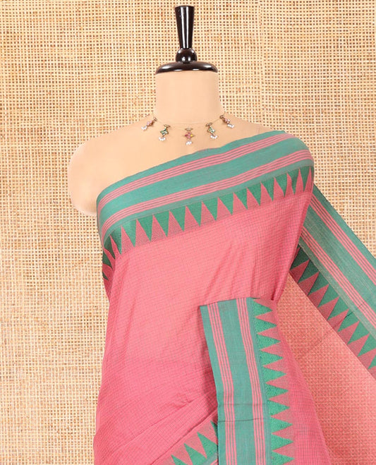 Pink Chettinad Cotton Saree, Sparsely Sparkled with a Checked Design on Its Body, Complemented by a Contrast Temple Border, Subtly Striped Pallu, and Paired with a Matching Blouse
