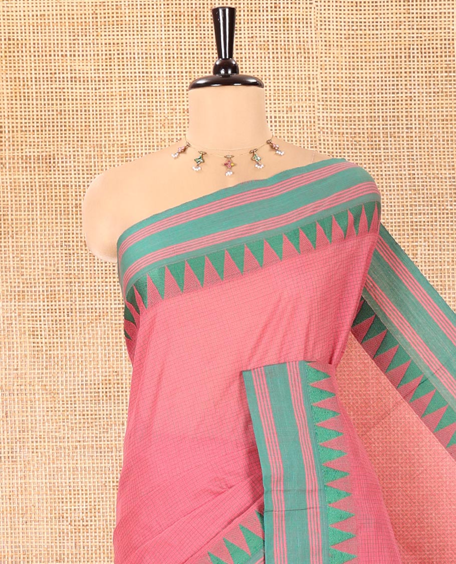 Pink Chettinad Cotton Saree, Sparsely Sparkled with a Checked Design on Its Body, Complemented by a Contrast Temple Border, Subtly Striped Pallu, and Paired with a Matching Blouse