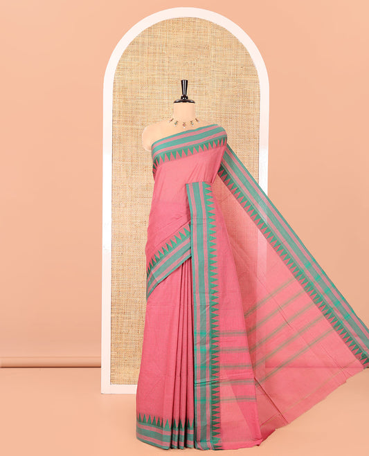 Pink Chettinad Cotton Saree, Sparsely Sparkled with a Checked Design on Its Body, Complemented by a Contrast Temple Border, Subtly Striped Pallu, and Paired with a Matching Blouse