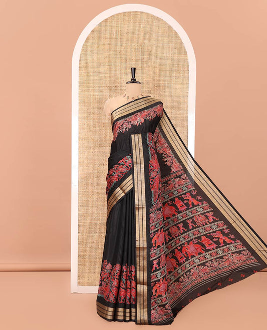 Black Dola Silk Saree, Features Colorful Floral and Peacock Motifs Printed On Its Body, Highlighted by Zari Border, Pallu Depicts Wedding-themed Motifs Print, and Paired with a Matching Blouse