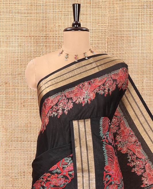 Black Dola Silk Saree, Features Colorful Floral and Peacock Motifs Printed On Its Body, Highlighted by Zari Border, Pallu Depicts Wedding-themed Motifs Print, and Paired with a Matching Blouse