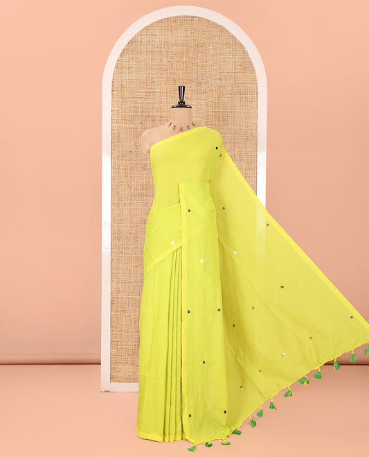 Borderless Lemon Yellow Mul Cotton Saree, Subtly Sparkled With Big Sequins Work On Its Body, a Self-Pallu and Paired with a Matching Blouse