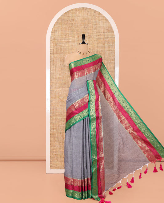 Grey Plain Khadi Mul Cotton Saree, Complemented by a Contrast Rettai Pettu Traditional Diamond-Patterned Border, Plain Pallu, and Paired with a Matching Blouse