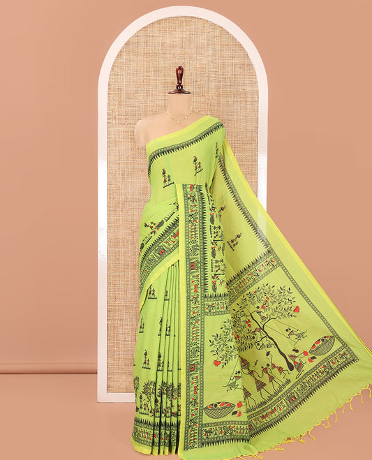 Green Khadi Mul Cotton Saree, Artfully Printed with Warli Motifs All Over Its Body, Highlighted by a Self-Border of Warli Print, Pallu of Warli Print, and Paired with a Matching Blouse