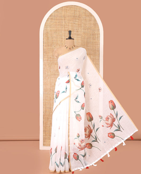 White Linen Cotton Saree, Prettified with Lotus Print and Mirror Work, a Piping Border, and a Matching Blouse