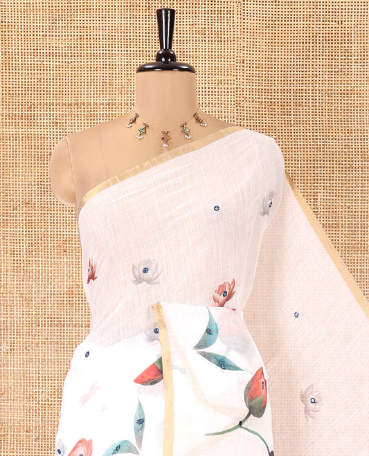 White Linen Cotton Saree, Prettified with Lotus Print and Mirror Work, a Piping Border, and a Matching Blouse