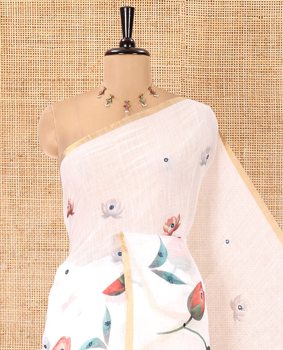White Linen Cotton Saree, Prettified with Lotus Print and Mirror Work, a Piping Border, and a Matching Blouse