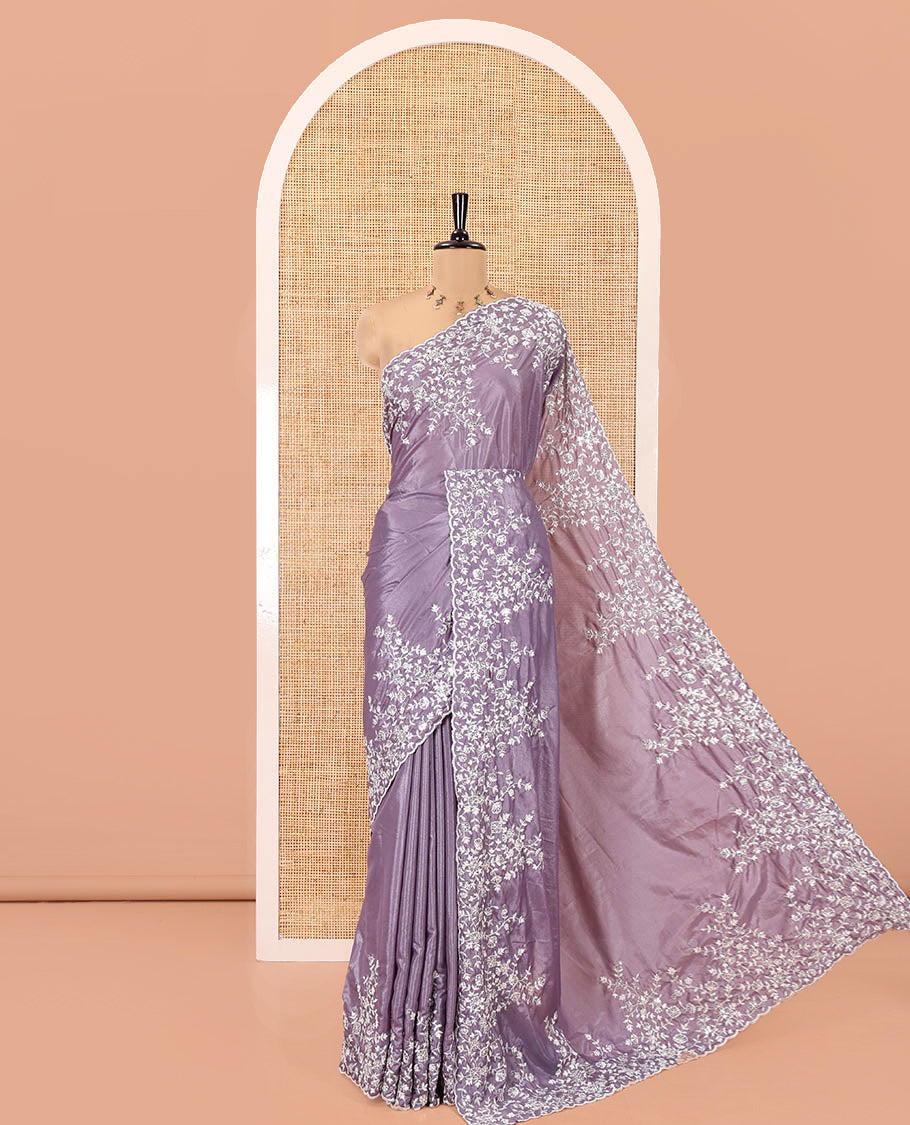 Lavender Plain Satin Crepe Saree, Accentuated with Floral Vine Thread Embroidery on Its Border, a Self-Pallu, and Paired with a Matching Blouse