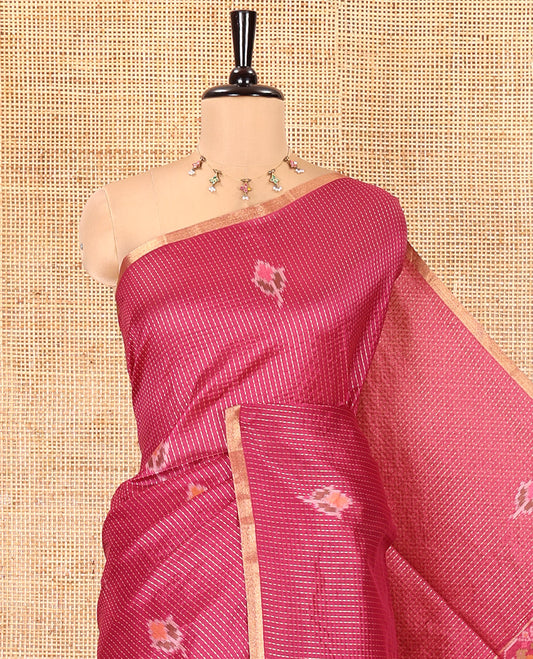 Wine Art Tussar Saree, Decked up with Dotted-Kantha-Style Stripes and Ikkat Buttas on Its Body, a Subtle Piping Border, Pallu of Ikkat Floral and Macaw Parrot Designs, and Paired with a Matching Blouse