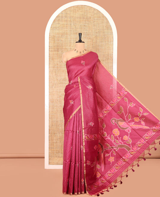 Wine Art Tussar Saree, Decked up with Dotted-Kantha-Style Stripes and Ikkat Buttas on Its Body, a Subtle Piping Border, Pallu of Ikkat Floral and Macaw Parrot Designs, and Paired with a Matching Blouse