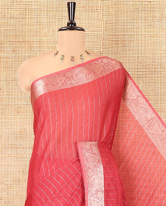 Dusky Pink Moss Chiffon Saree, Gleamed Up with Vertical Stripes, a Zari Paisley-Diamond Border, and a Matching Blouse
