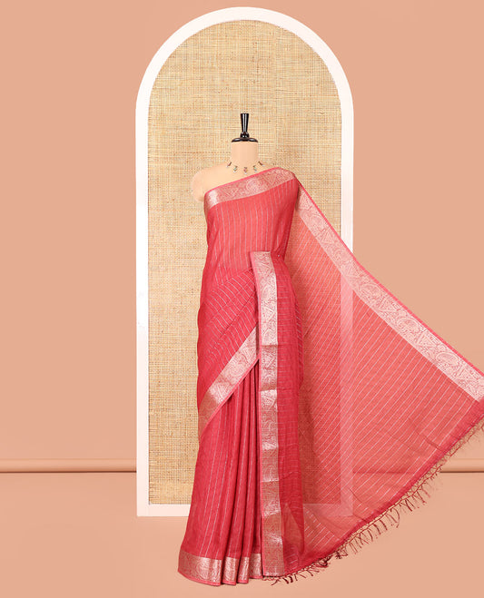 Dusky Pink Moss Chiffon Saree, Gleamed Up with Vertical Stripes, a Zari Paisley-Diamond Border, and a Matching Blouse