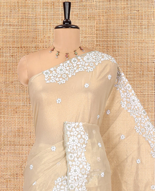 Green Shimmer Chiffon Saree, Artfully Detailed with Floral Embroidery on Its Body, Scallop Floral Embroidery Border, a Self-Pallu, and Paired with a Matching Embroidered Blouse
