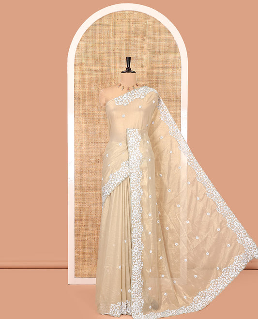 Green Shimmer Chiffon Saree, Artfully Detailed with Floral Embroidery on Its Body, Scallop Floral Embroidery Border, a Self-Pallu, and Paired with a Matching Embroidered Blouse