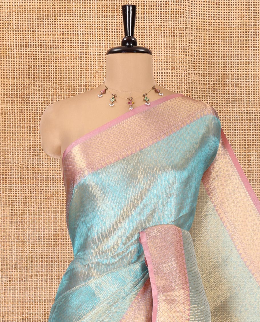 Blue Banaras Katan Silk Saree, Adorned with Brocade Design on Its Body, Complemented by a Contrast Traditional Zari Design Border, Grand Jaal Pallu, and Paired with a Contrast Blouse