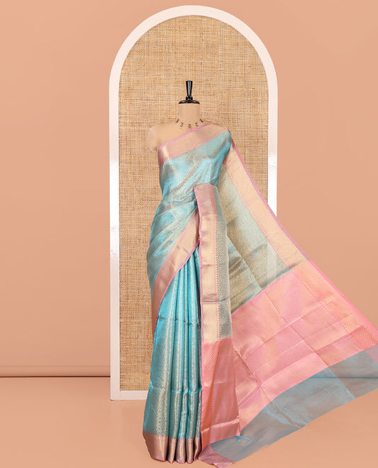 Blue Banaras Katan Silk Saree, Adorned with Brocade Design on Its Body, Complemented by a Contrast Traditional Zari Design Border, Grand Jaal Pallu, and Paired with a Contrast Blouse