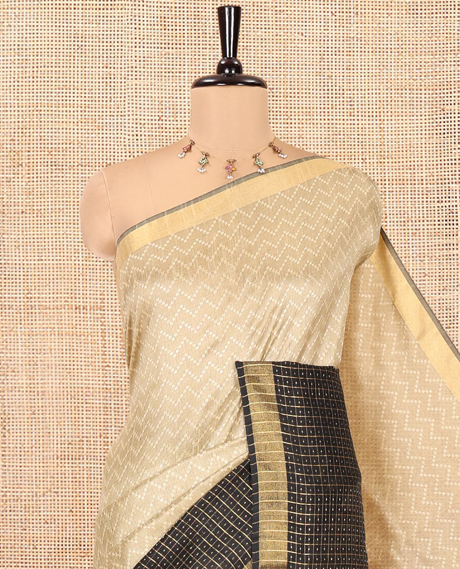 Chikku Semi-Raw Silk Saree, Delicately Woven with Zig-Zag Stripes All Over Its Body, Complemented by Contrast Border of Butta Enclosed Checks, Striped Pallu, and Paired with a Contrast Blouse