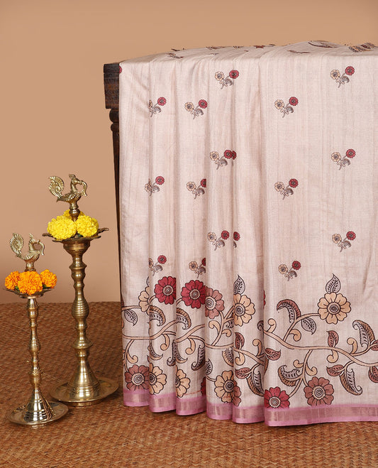 Chikku color with pink floral digital printed semi tussar silk saree with kalamkari design border & kalamkari design pallu along with printed blouse