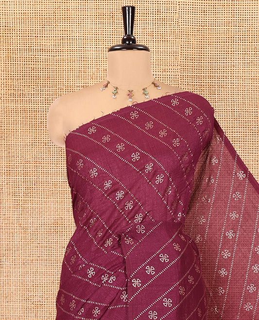 Borderless Purple Vichitra Silk Saree, Gleamed Up with Floral Buttas and Leheriya-Style Foil Print on Its Body, a Self-Pallu, and Has No Blouse