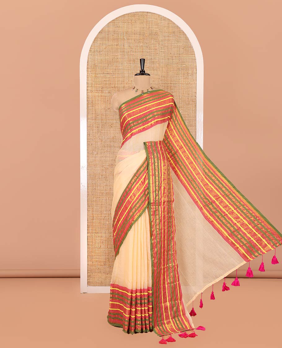 Sandal Plain Khadi Mul Cotton Saree, Contrast Zari Design Border, a Self-Pallu, and a Matching Blouse